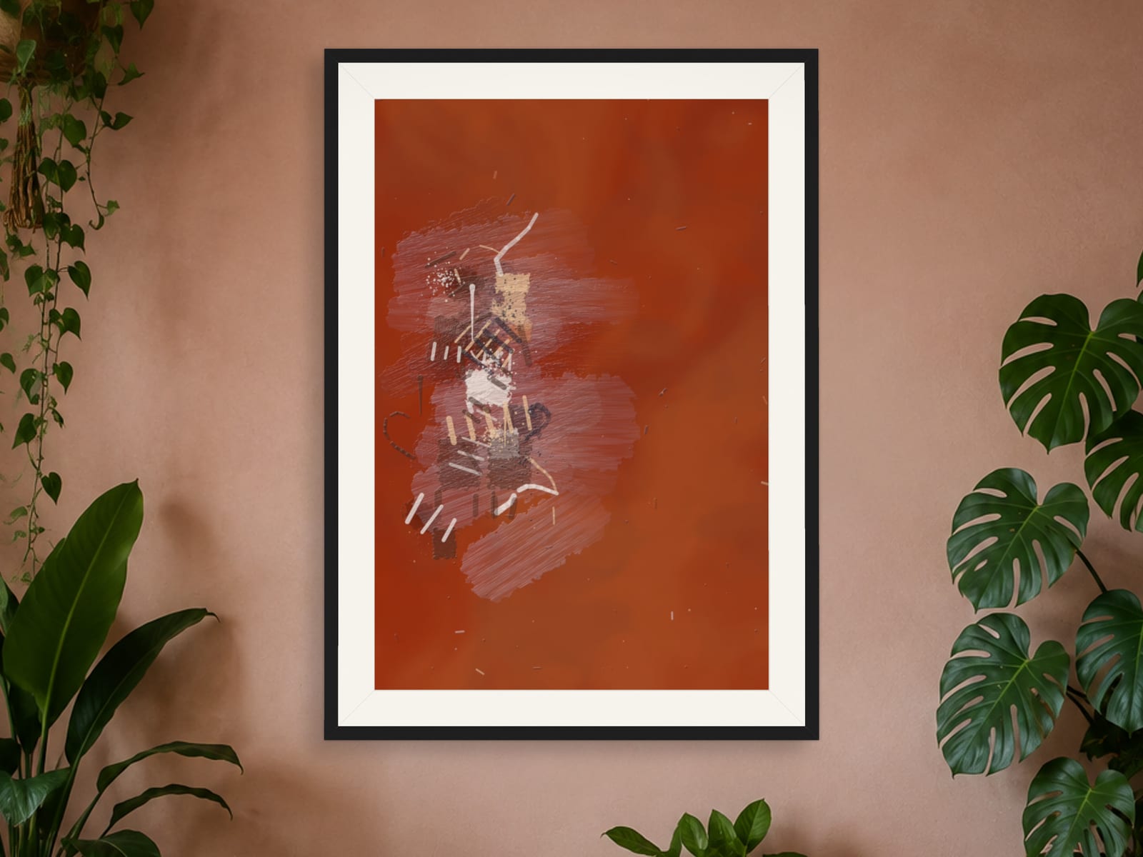 Boho Ochre No. 001, terracotta abstract painting wall art print, framed on a wall in a styled room