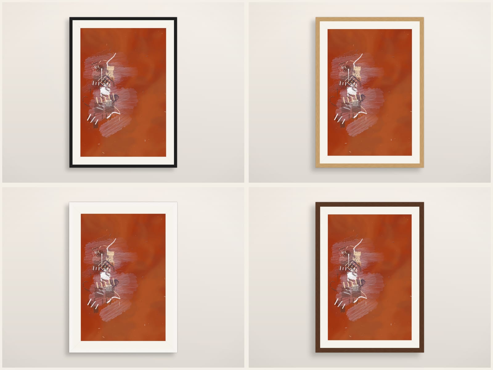 Boho Ochre No. 001, terracotta abstract painting wall art print, shown in four frame styles
