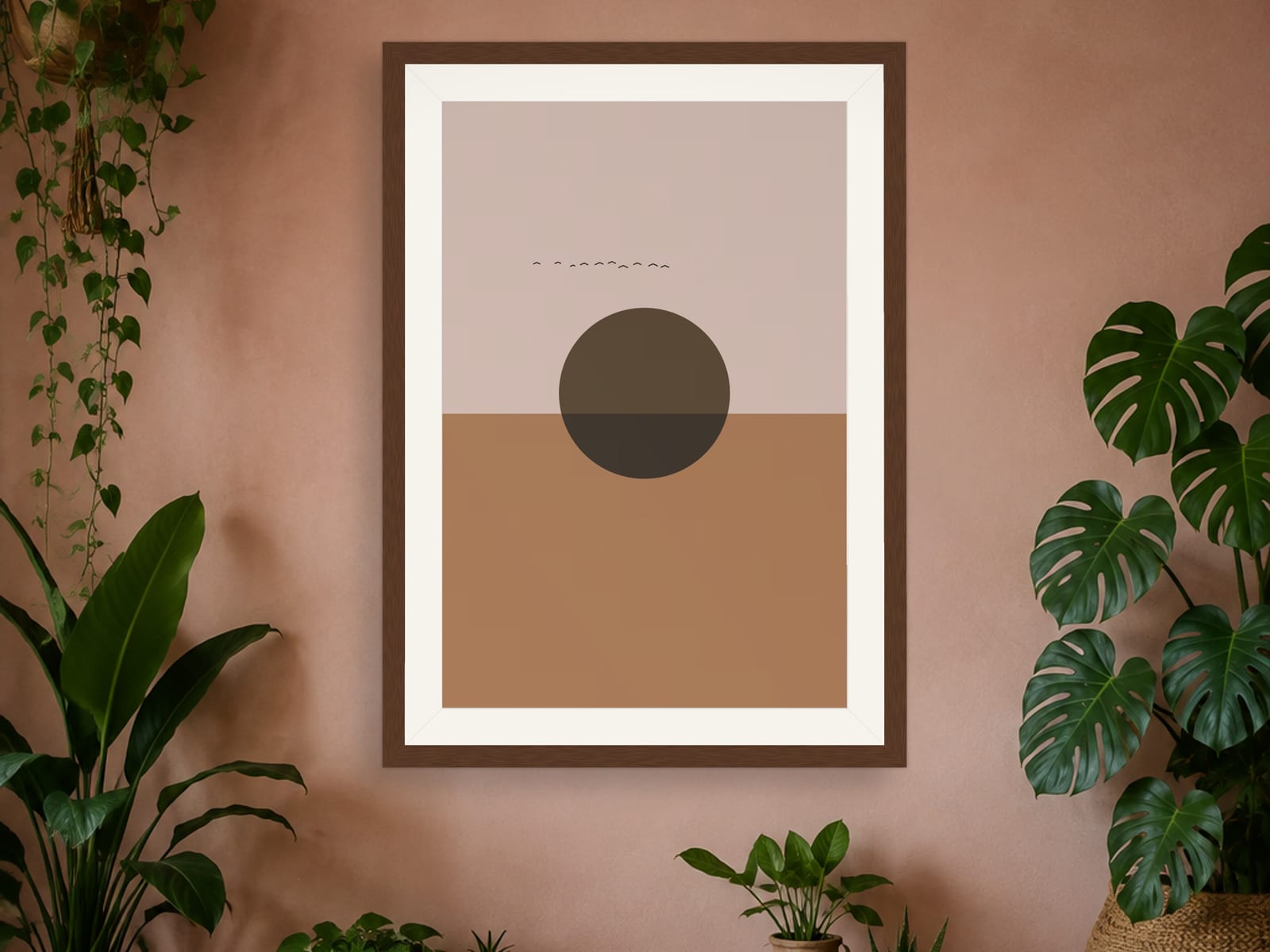 Boho Ochre No. 002, terracotta and dusty pink boho sunset print with an olive-brown sun, in a walnut frame, styled in a boho bedroom