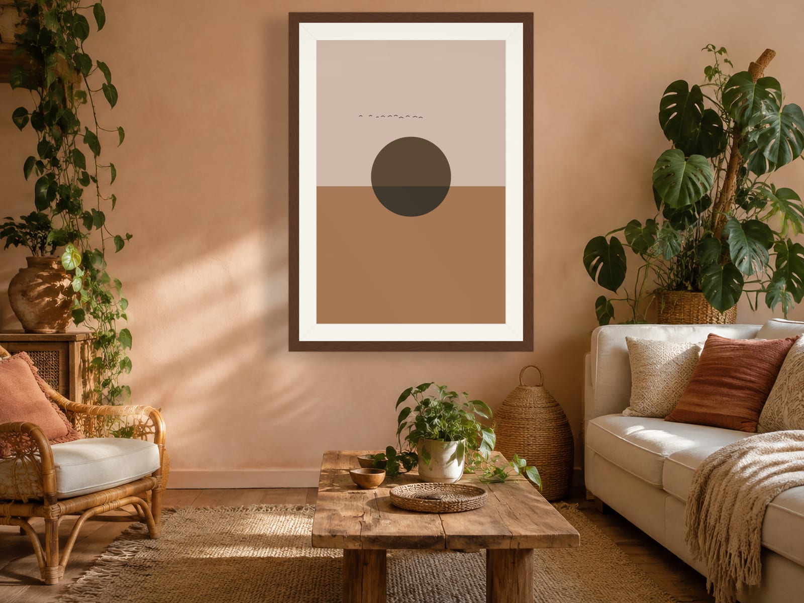 Boho Ochre No. 002, terracotta and dusty pink boho sunset print with an olive-brown sun, in a walnut frame, styled in a boho bedroom
