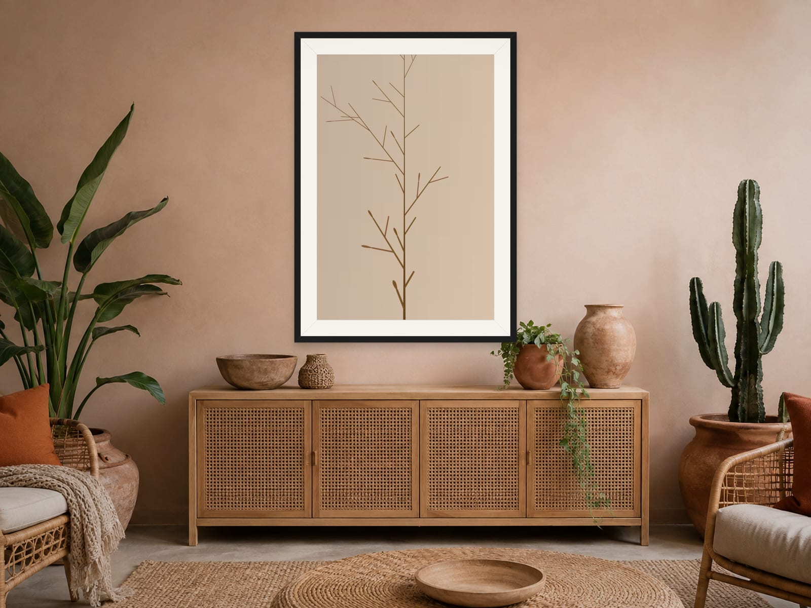 Ochre-brown botanical branch line art print on a beige ground, in a thin black frame, hanging in a boho-styled living room with rattan furniture and terracotta pots.