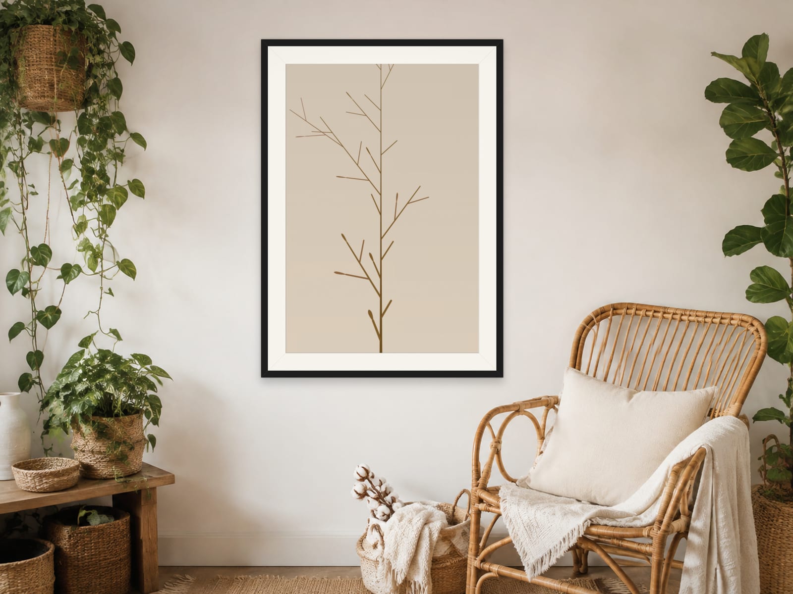 Ochre-brown botanical branch line art print on a beige ground, in a thin black frame, hanging in a boho-styled living room.
