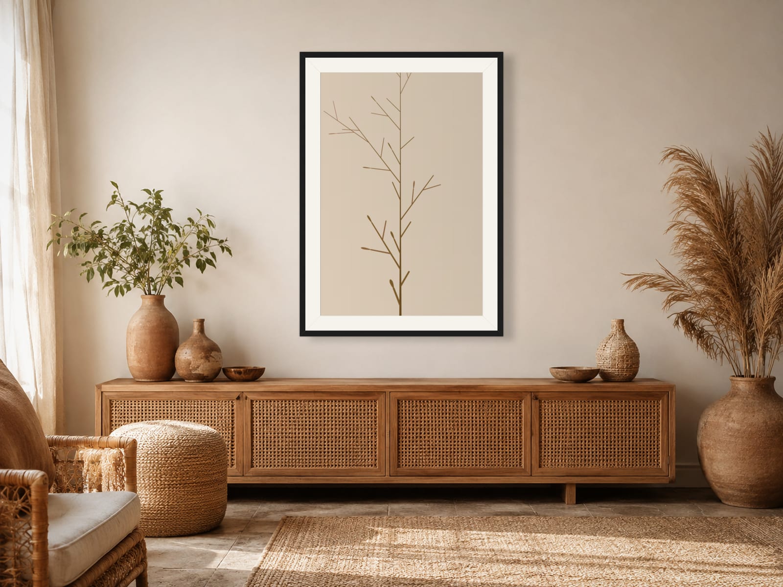 Ochre-brown botanical branch line art print on a beige ground, in a thin black frame, hanging in a boho-styled living room.