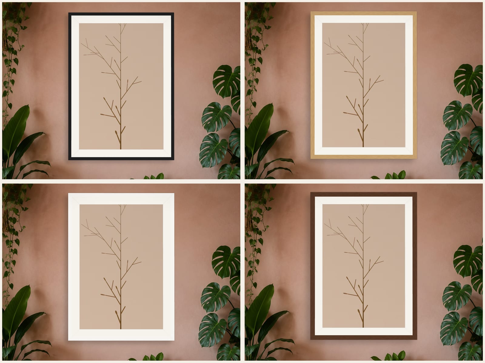 Ochre-brown botanical branch line art print, shown in four frame styles, hanging in a boho-styled living room.