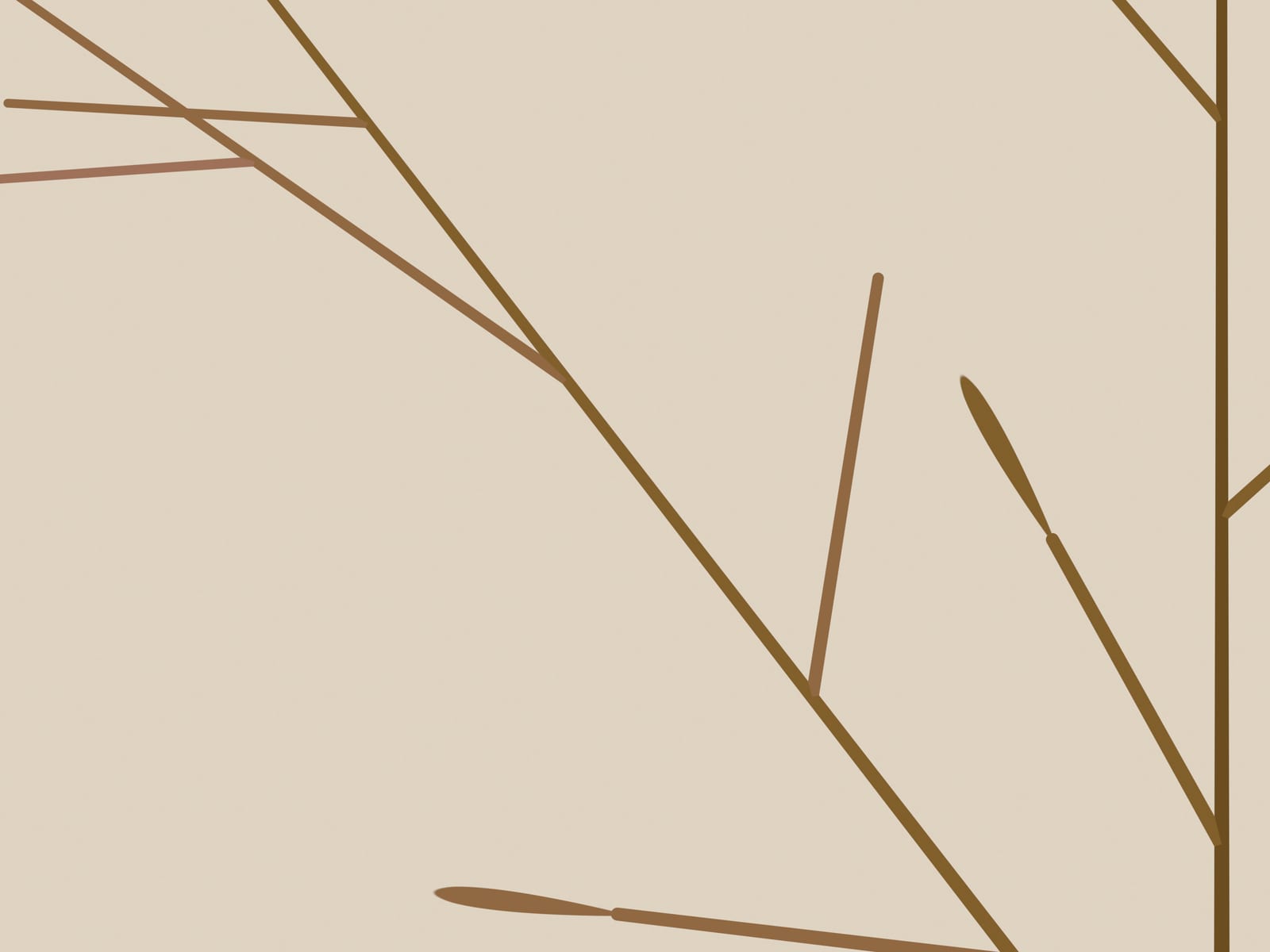 Close-up detail of the ochre-brown botanical branch line art print on a beige ground, at print size.