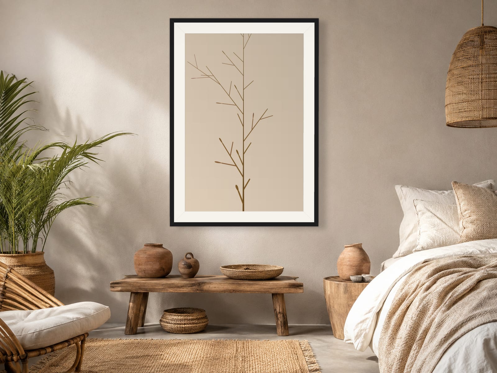 Ochre-brown botanical branch line art print on a beige ground, in a thin black frame, hanging in a boho-styled living room.