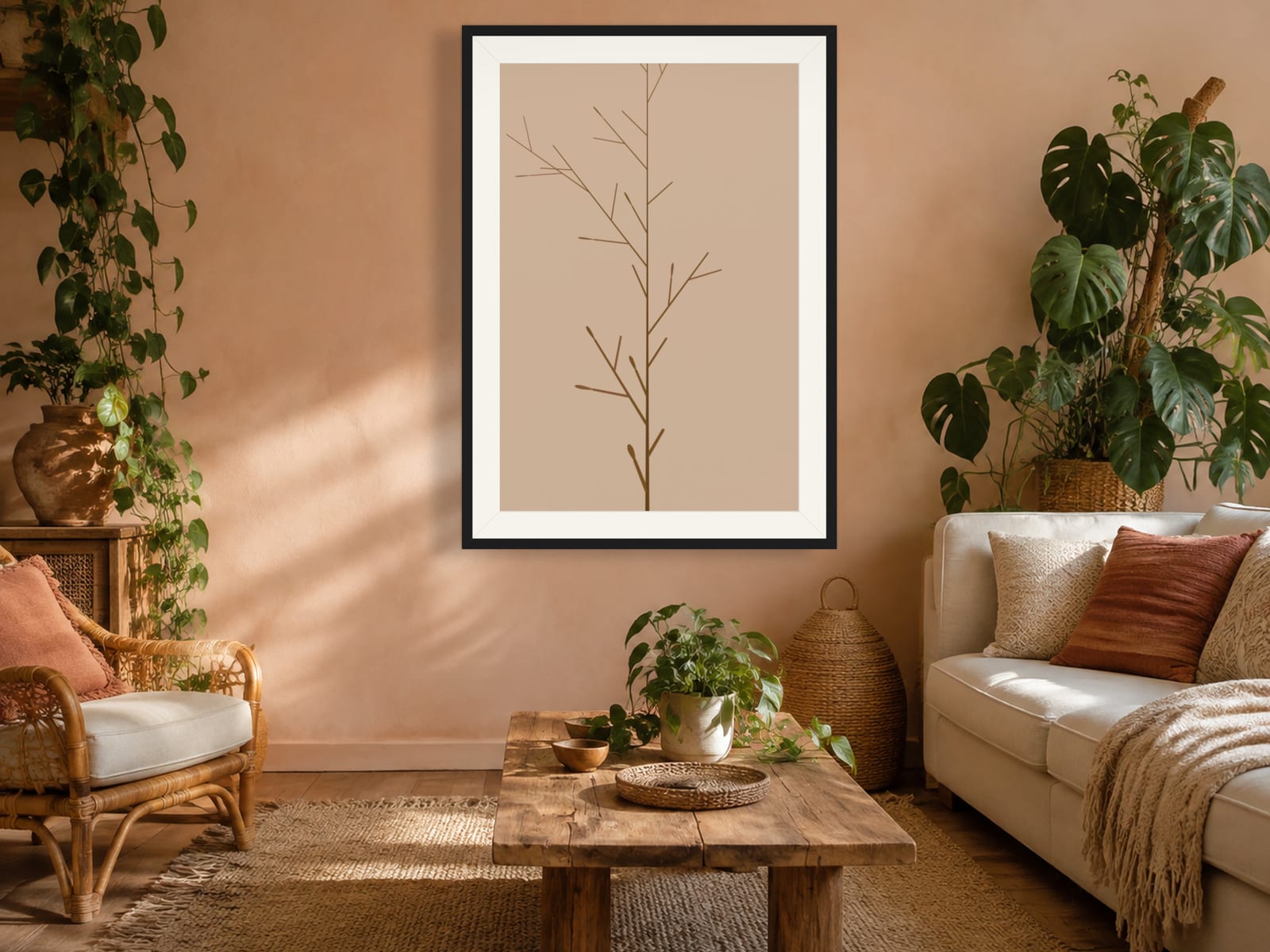 Ochre-brown botanical branch line art print on a beige ground, in a thin black frame, hanging in a boho-styled living room.