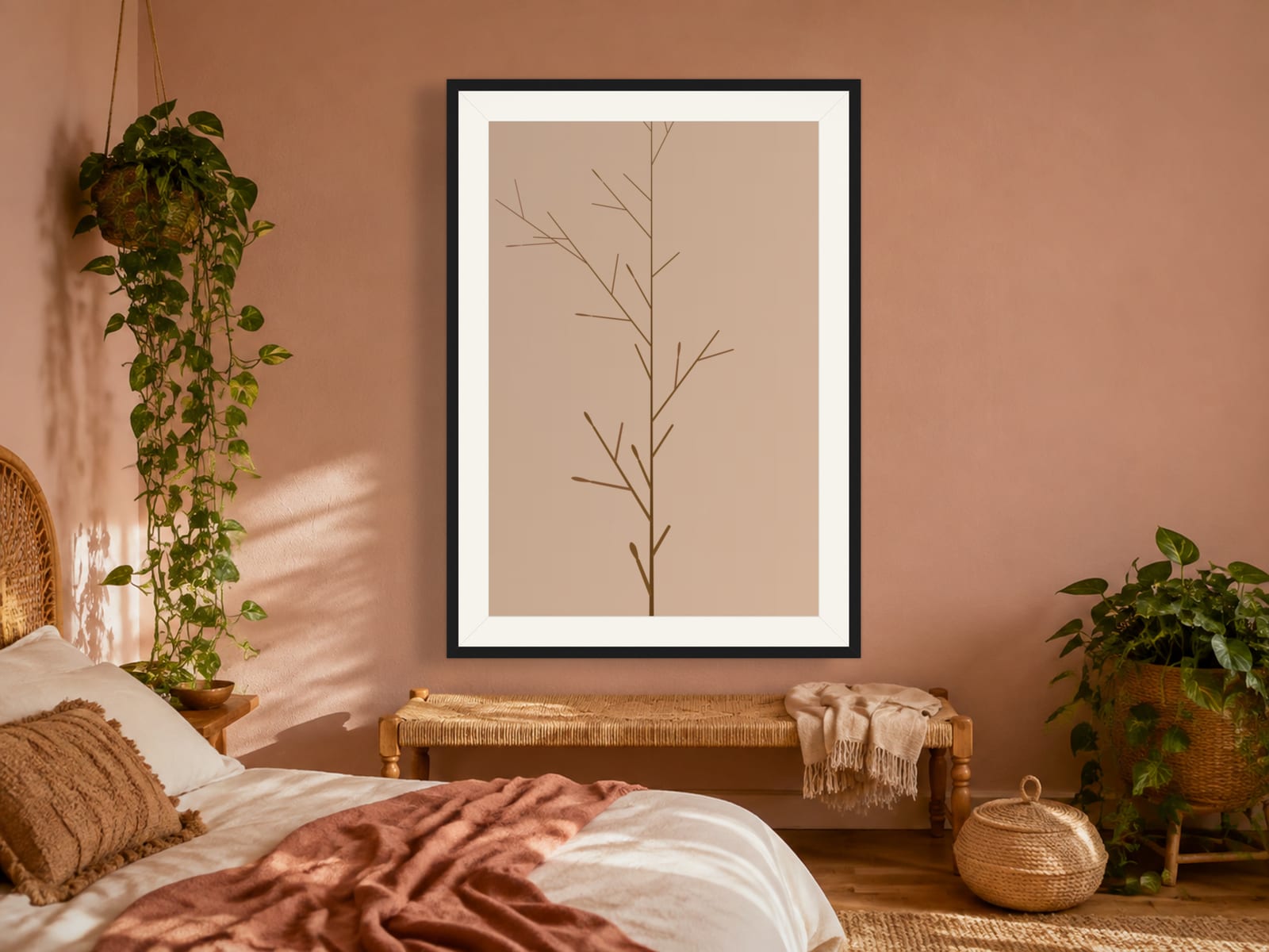 Ochre-brown botanical branch line art print on a beige ground, in a thin black frame, hanging in a boho-styled living room.