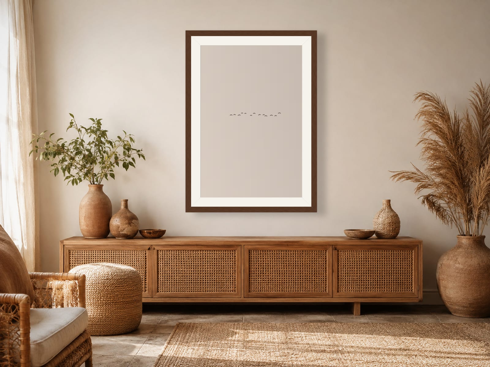 Boho Ochre No. 005, neutral minimalist composed silhouettes wall art print in a walnut frame, on a boho bedroom wall
