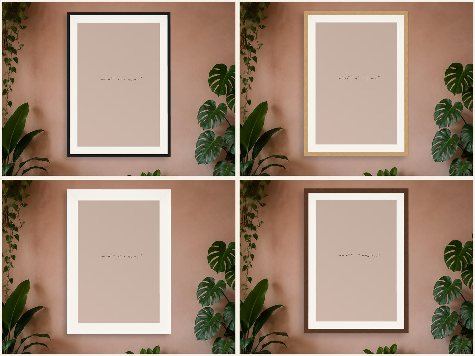 Boho Ochre No. 005, neutral minimalist composed silhouettes wall art print, shown in four frame styles, hanging in a boho bedroom
