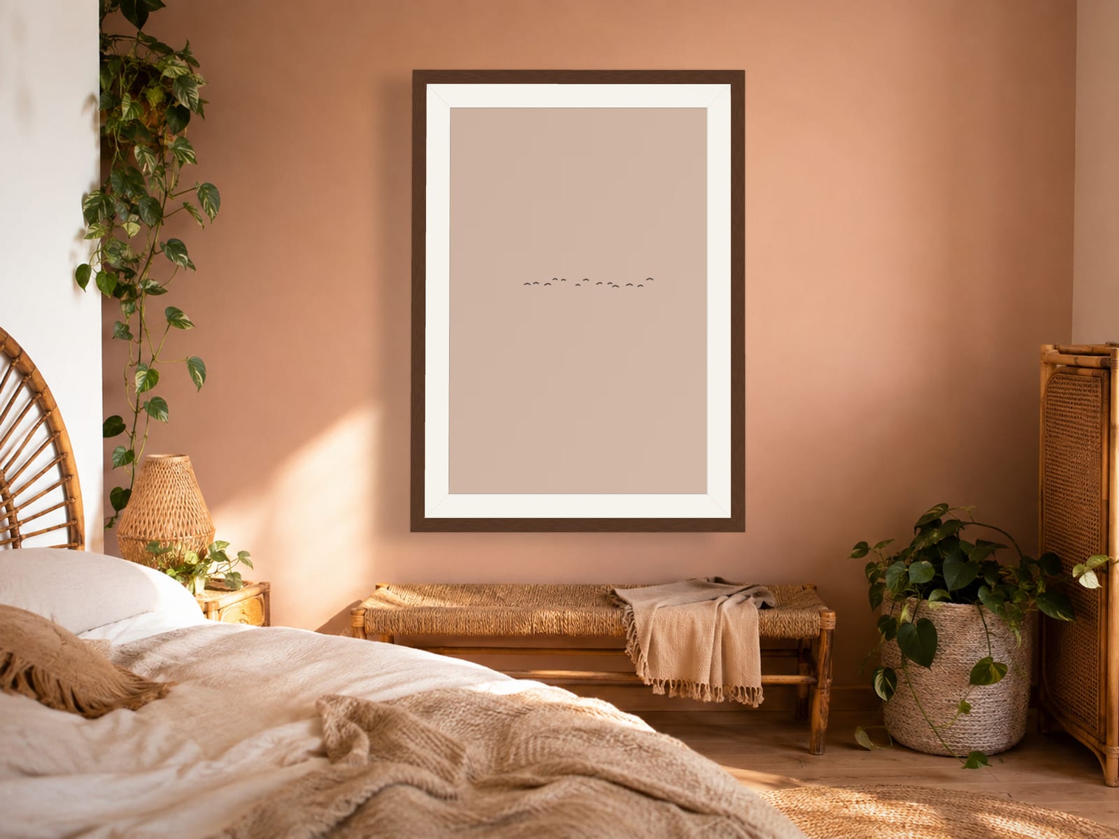 Boho Ochre No. 005, neutral minimalist composed silhouettes wall art print in a walnut frame, on a boho bedroom wall