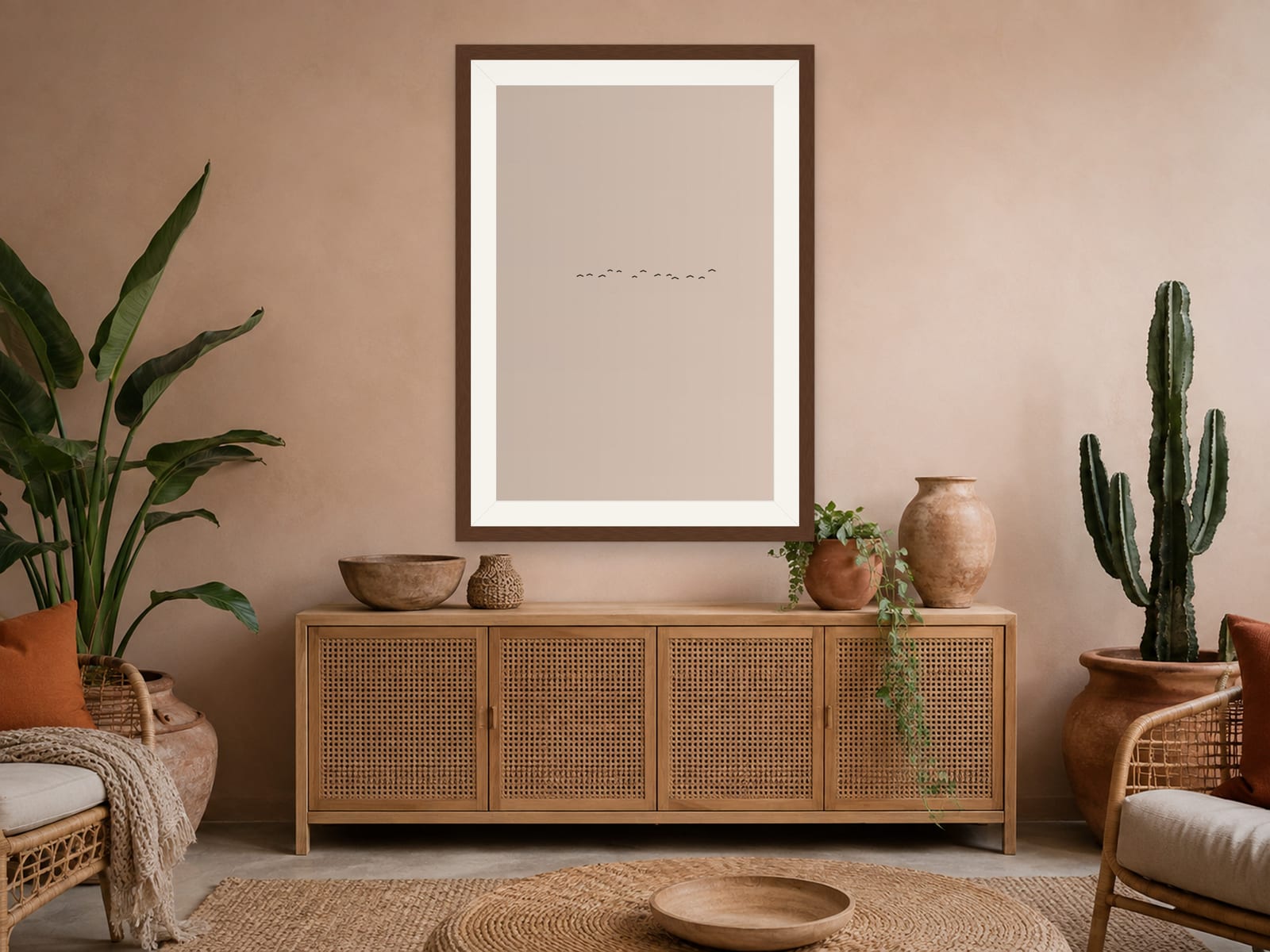 Boho Ochre No. 005, neutral minimalist composed silhouettes wall art print in a walnut frame, hanging in a boho bedroom