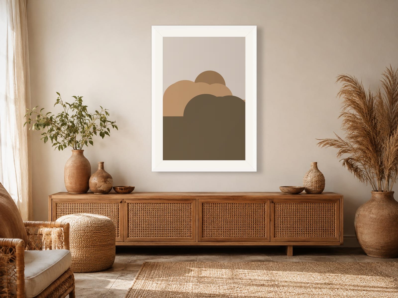 Boho Ochre No. 012, camel and olive boho composed silhouettes wall art print in a white frame, on a modern minimalist living room wall