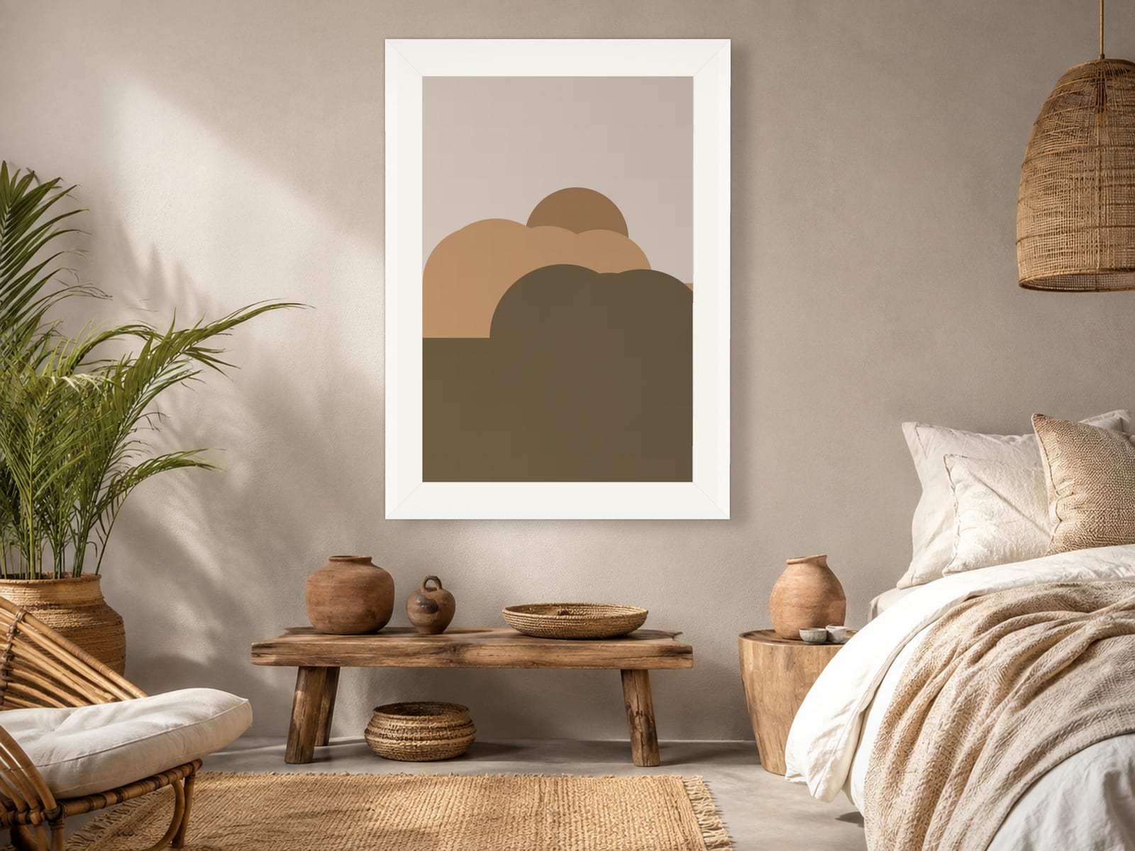 Boho Ochre No. 012, camel and olive boho composed silhouettes wall art print in a white frame, hanging in a modern minimalist room