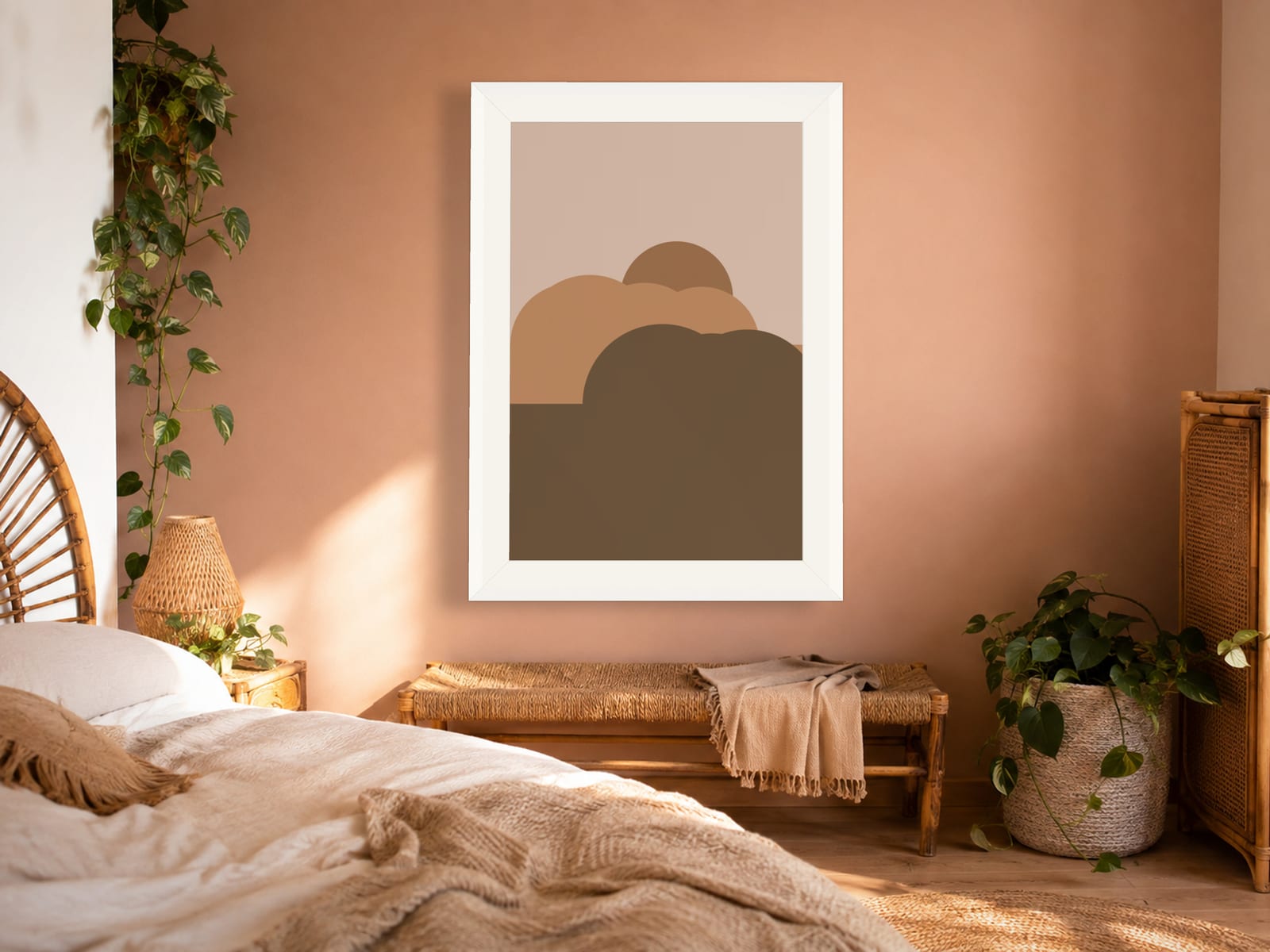 Boho Ochre No. 012, camel and olive boho composed silhouettes wall art print in a white frame, on a modern minimalist living room wall