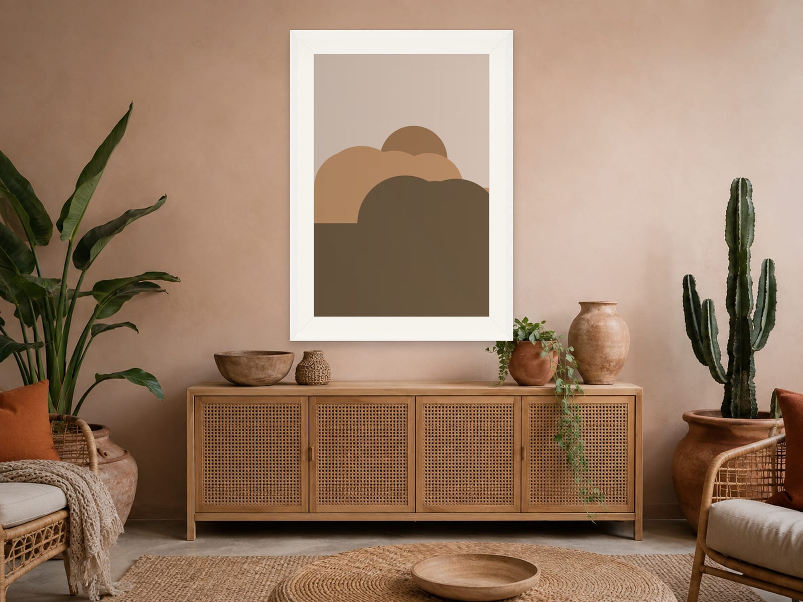 Boho Ochre No. 012, camel and olive boho composed silhouettes wall art print in a white frame, hanging in a modern minimalist room