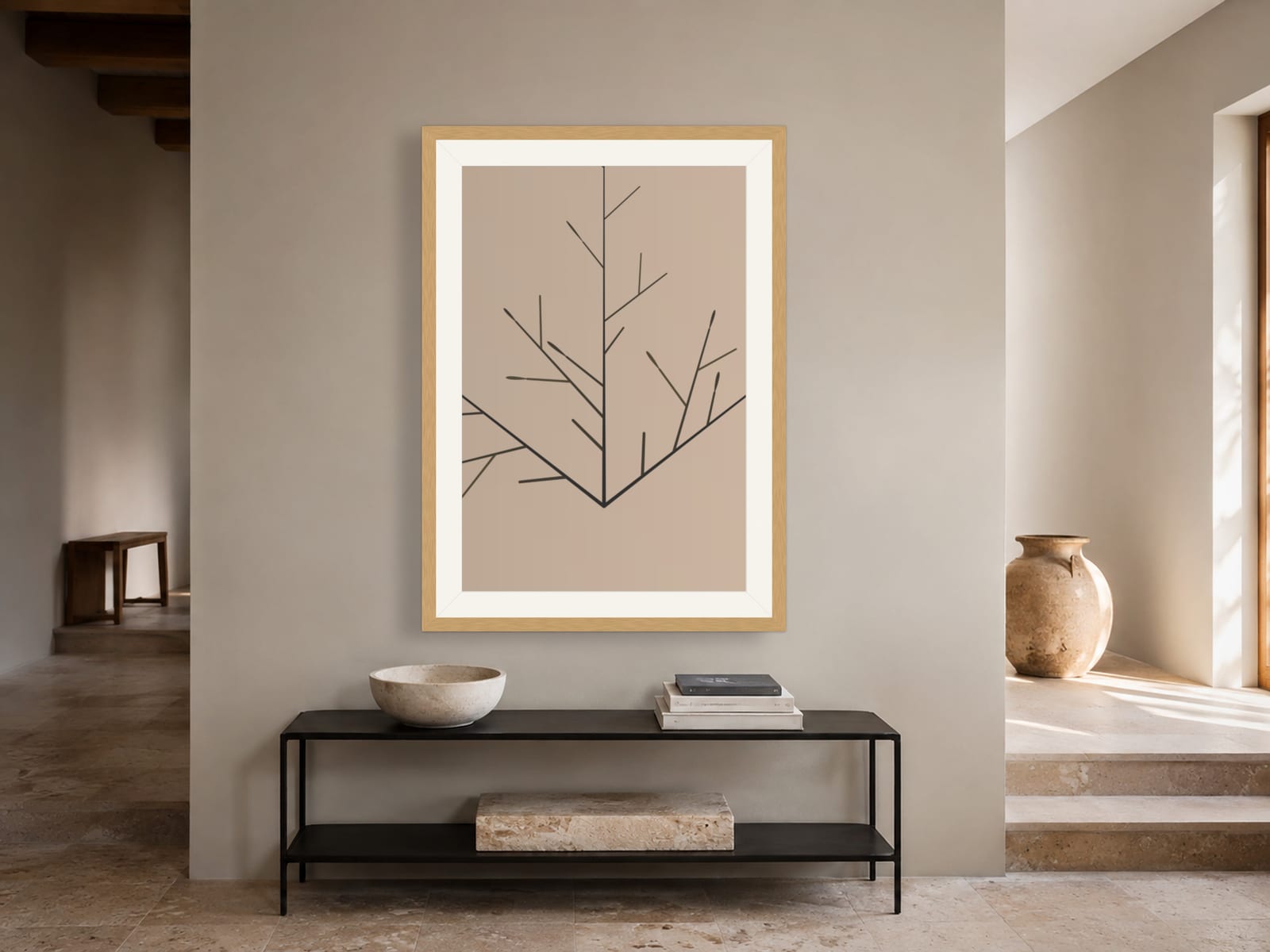 Boho Ochre No. 013, neutral charcoal branch line art print in a natural oak frame, styled in a modern-minimalist living room