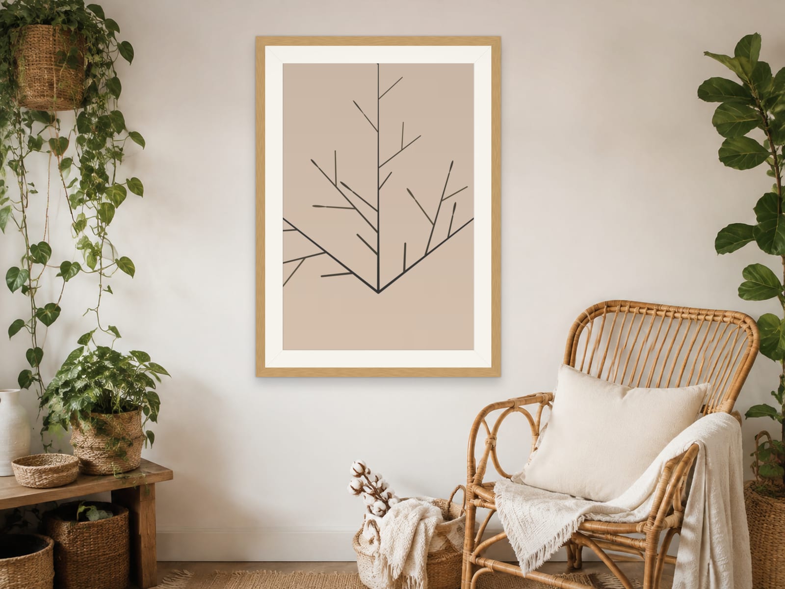 Boho Ochre No. 013, neutral charcoal branch line art print in a natural oak frame, styled in a bedroom