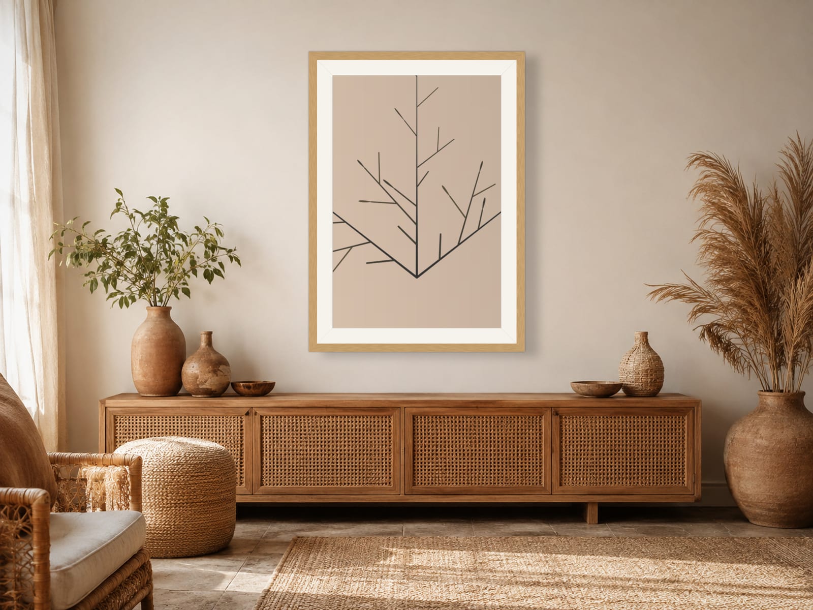 Boho Ochre No. 013, neutral charcoal branch line art print in a natural oak frame, on a bedroom wall