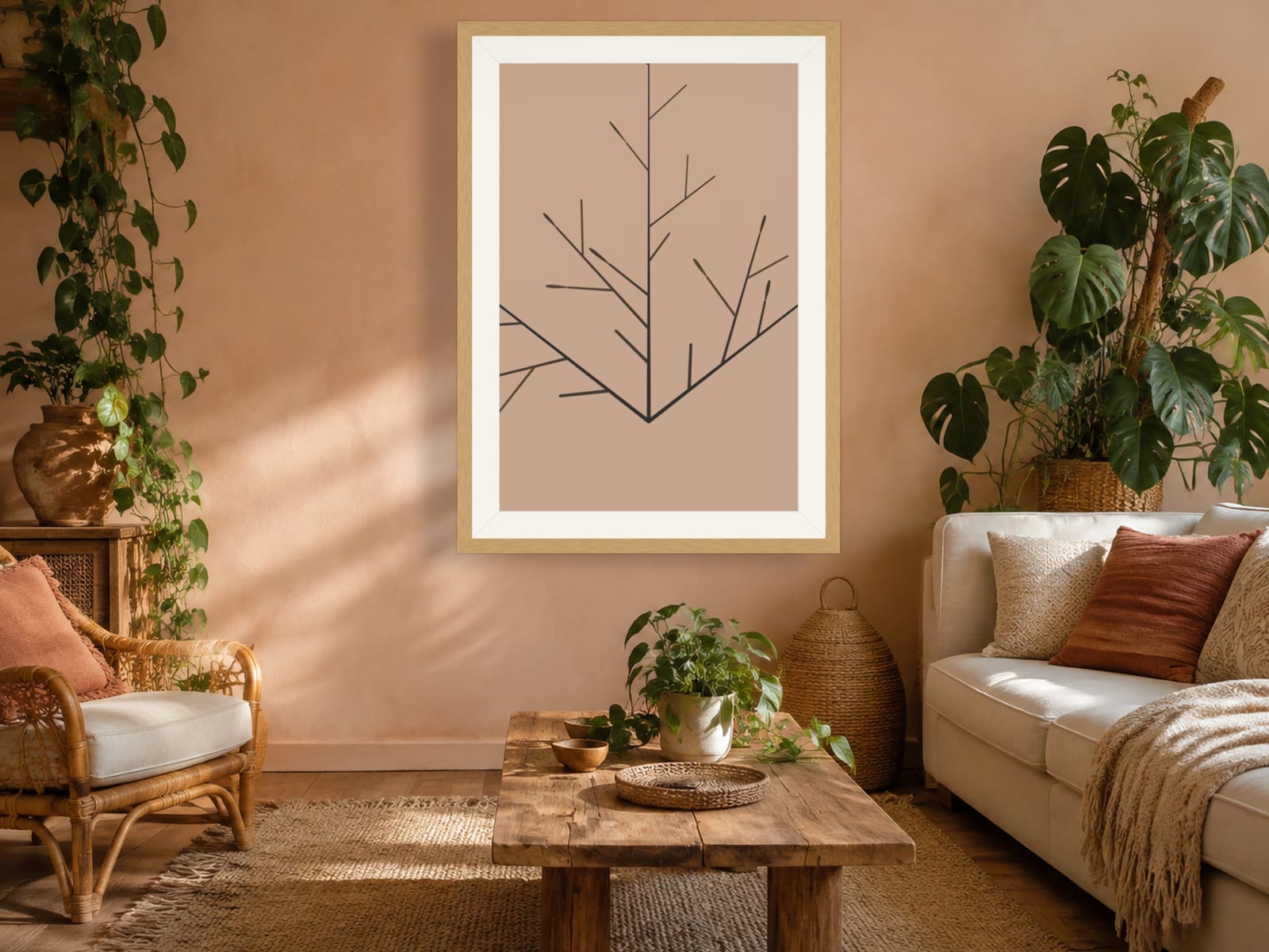 Boho Ochre No. 013, neutral charcoal branch line art print in a natural oak frame, styled in a bedroom