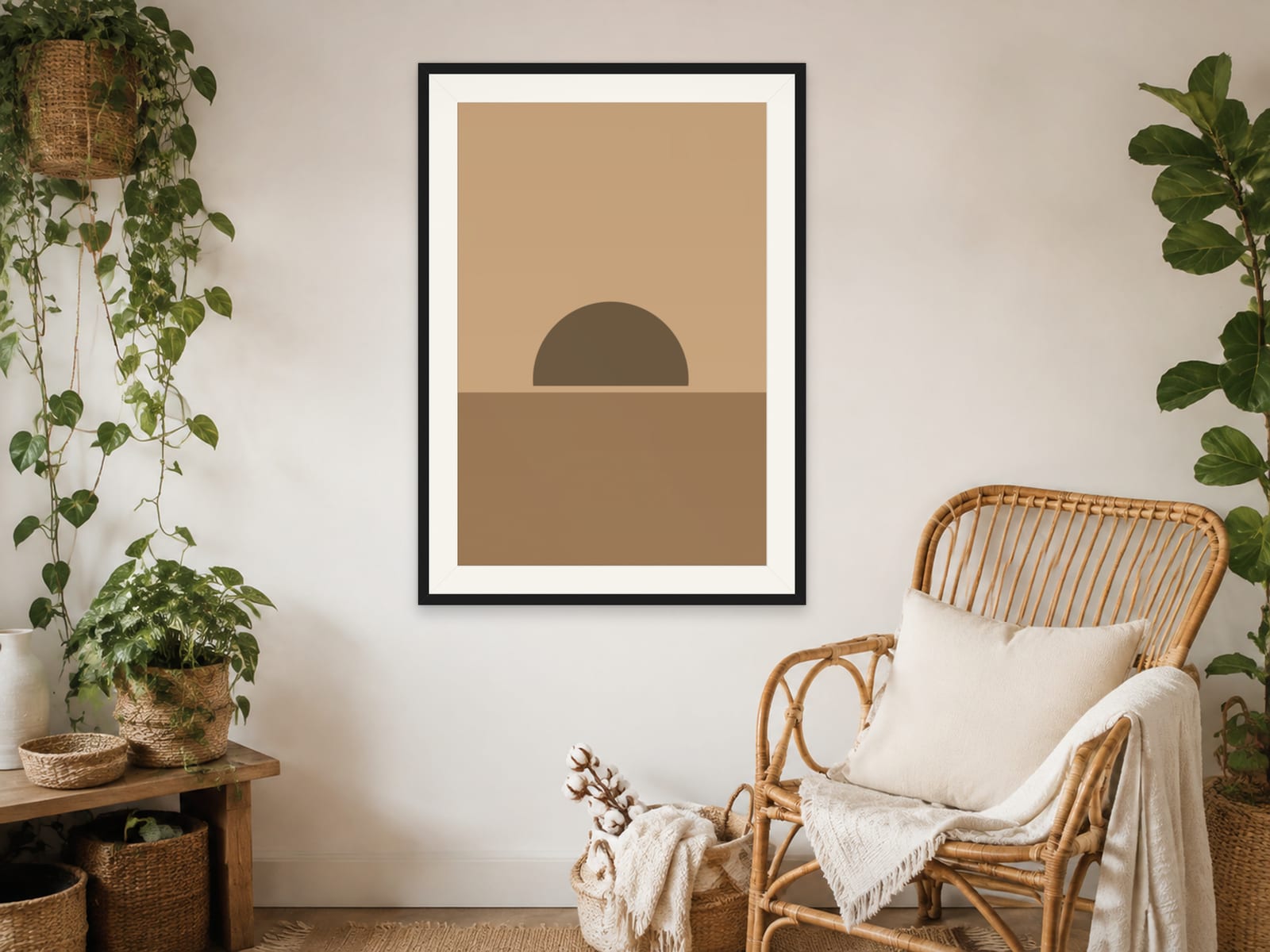 Boho Ochre No. 014, camel boho sun arc silhouette wall art print in a thin black frame, styled in a modern minimalist bedroom