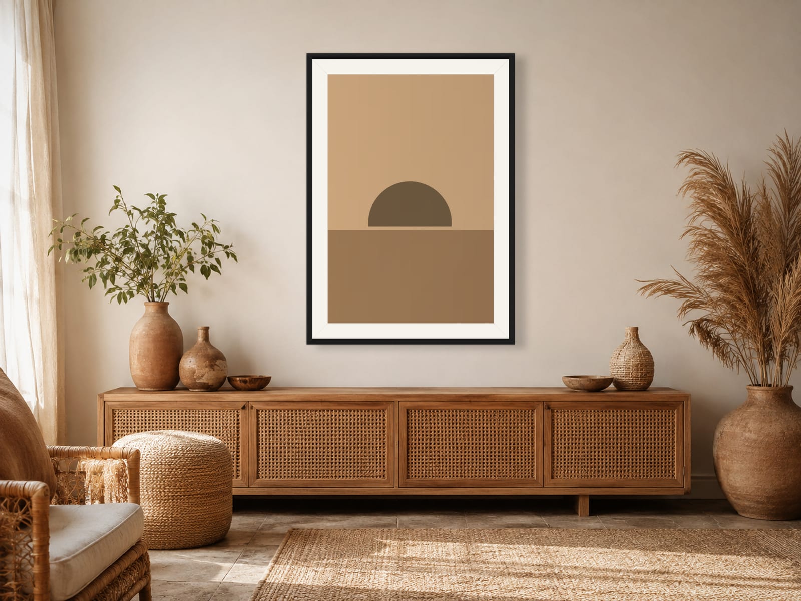 Boho Ochre No. 014, camel boho sun arc silhouette wall art print in a thin black frame, on a modern minimalist bedroom wall