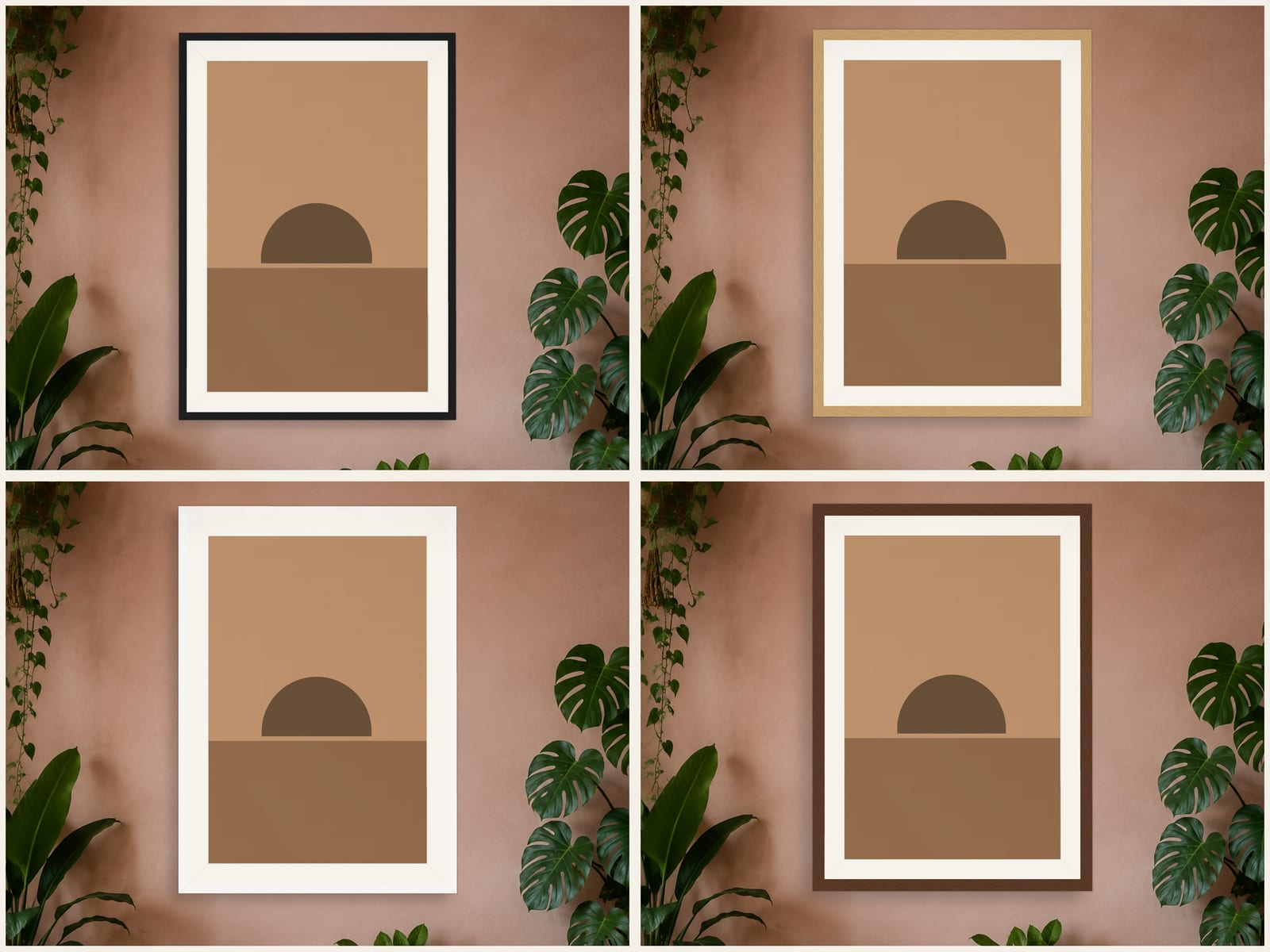 Boho Ochre No. 014, camel boho sun arc silhouette wall art print, shown in four frame styles, hanging in a modern minimalist bedroom