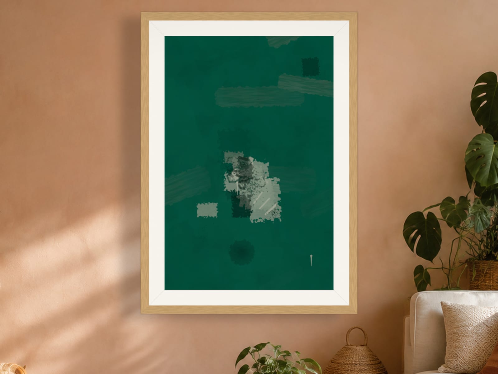 Emerald Green No. 002, a deep teal-emerald abstract painting print with a pale mottled texture, framed on a wall in a boho-styled room