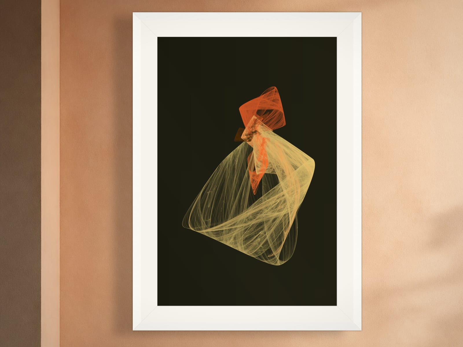 Sketches No. 009, pale chartreuse and burnt orange moody fractal flame wall art print, framed in oak on a wall in a styled modern minimalist room