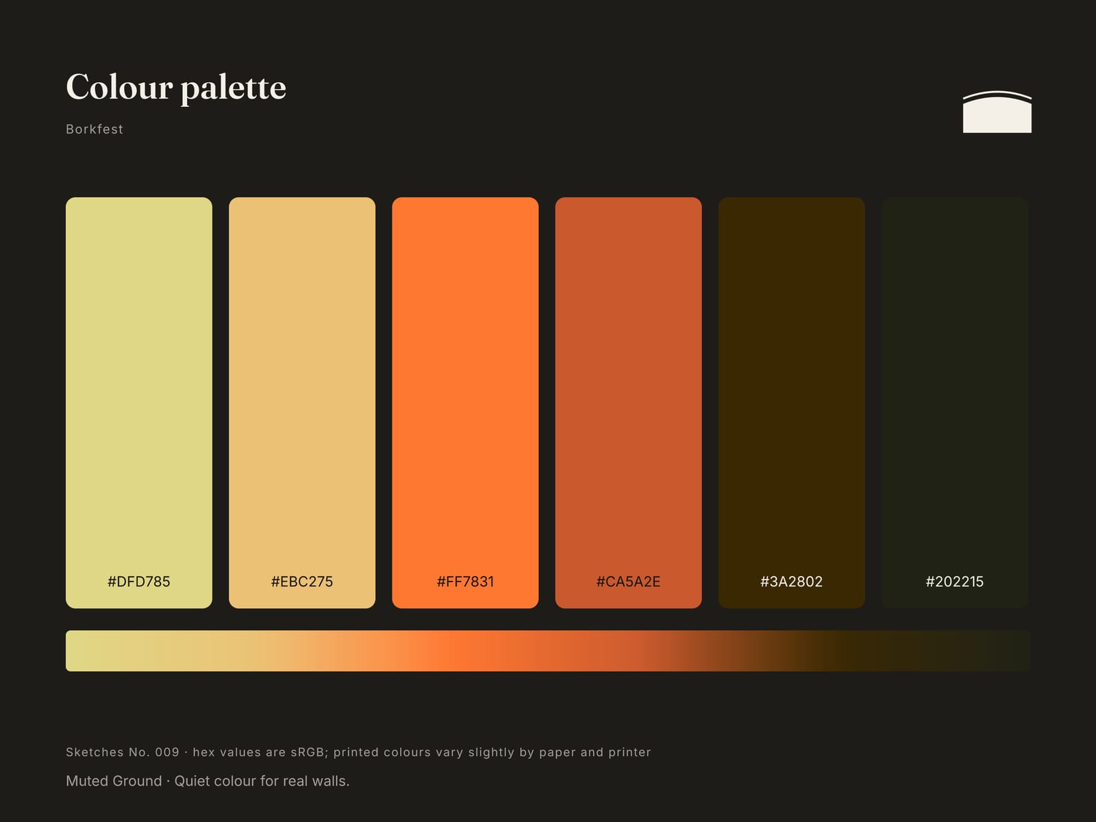 Colour palette of Sketches No. 009: pale chartreuse-yellow, burnt orange and near-black
