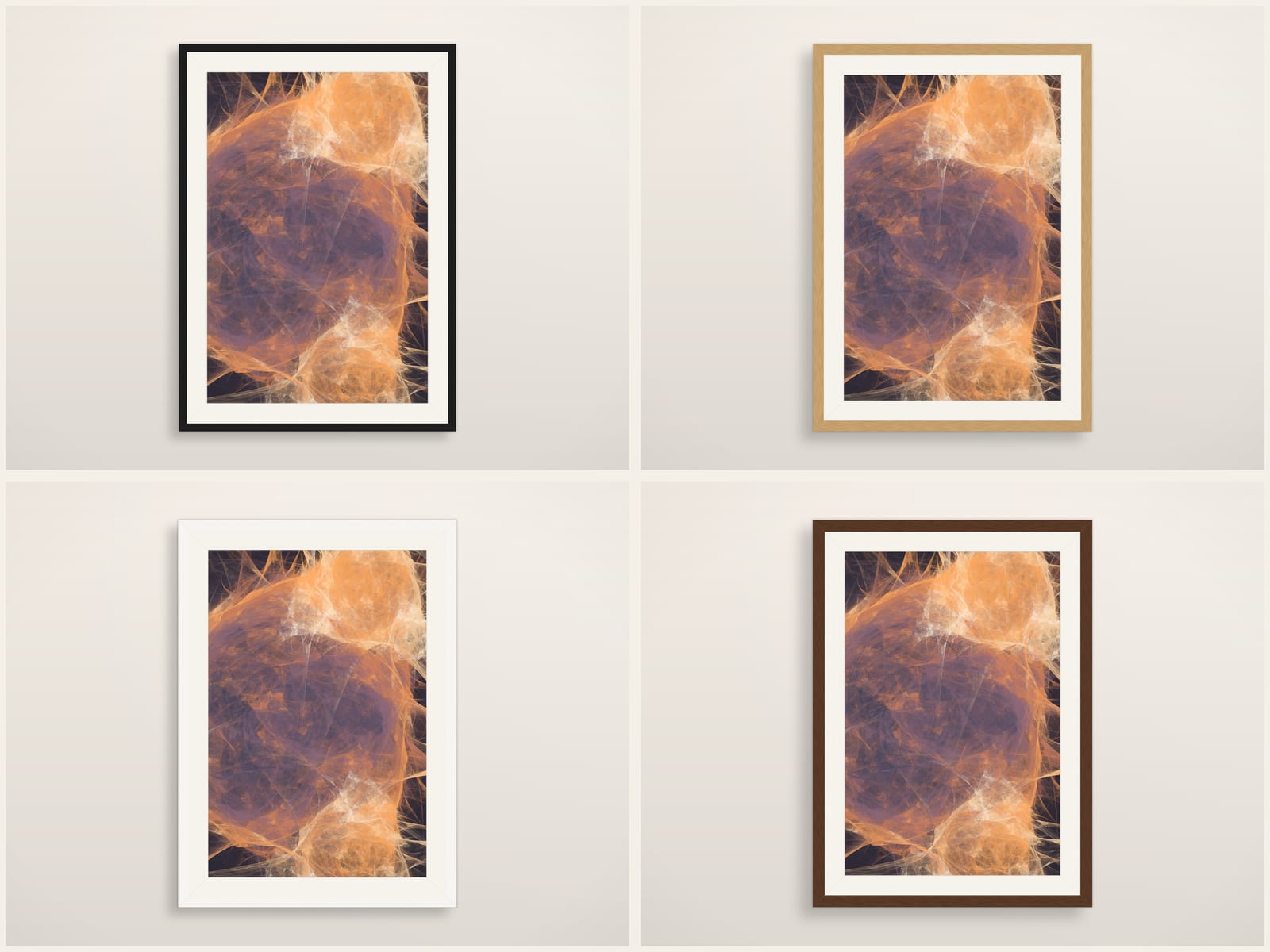 Sketches No. 016, orange and plum fractal flame wall art print, shown in four frame styles.
