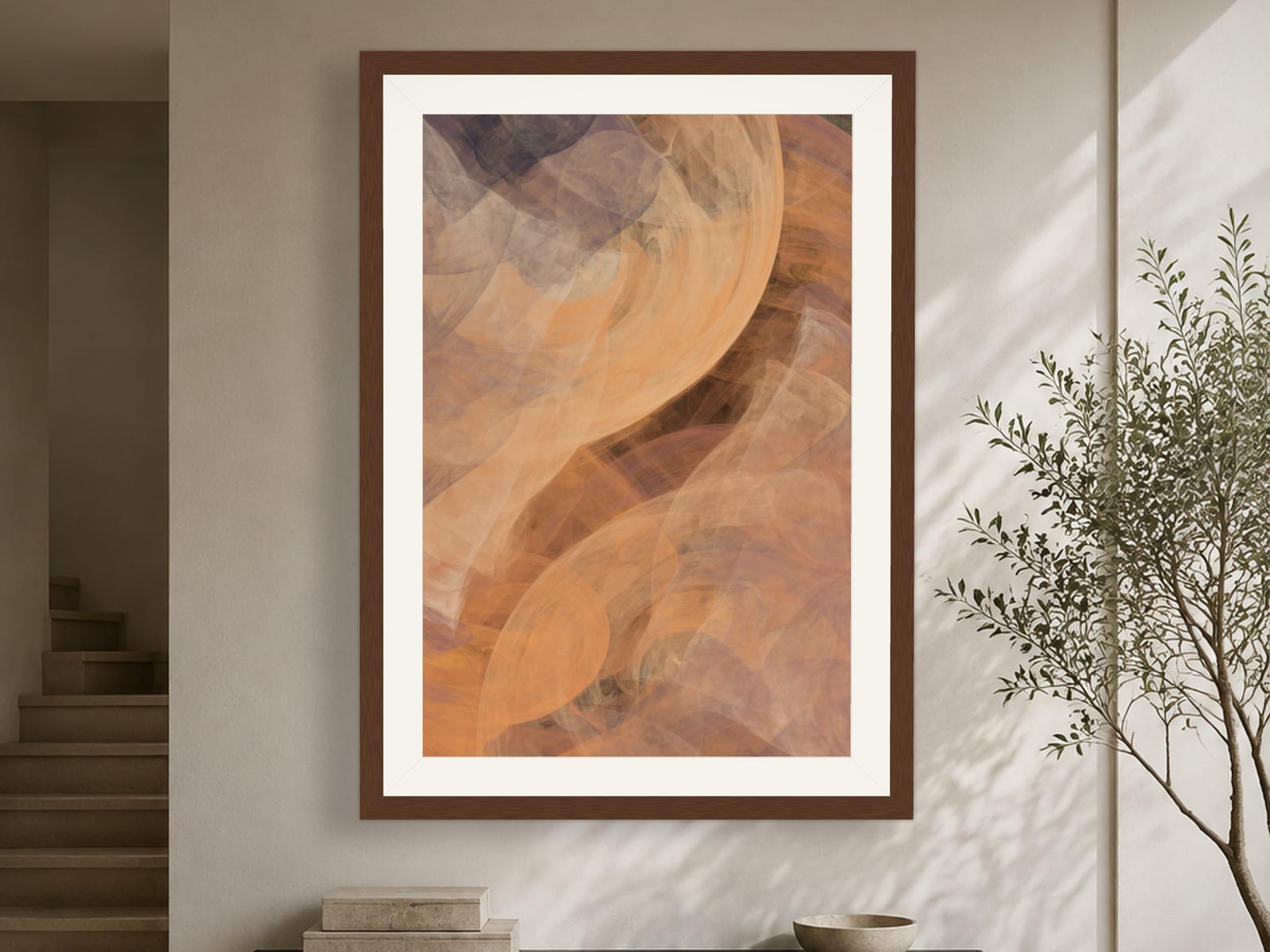 Sketches No. 018, a terracotta abstract fractal wall art print, framed on a wall in a styled living room