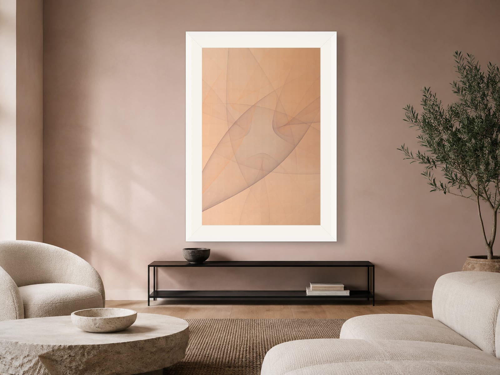 Sketches No. 025, peach-toned abstract fractal wall art print in an oak frame, styled on a wall in a warm, minimalist room