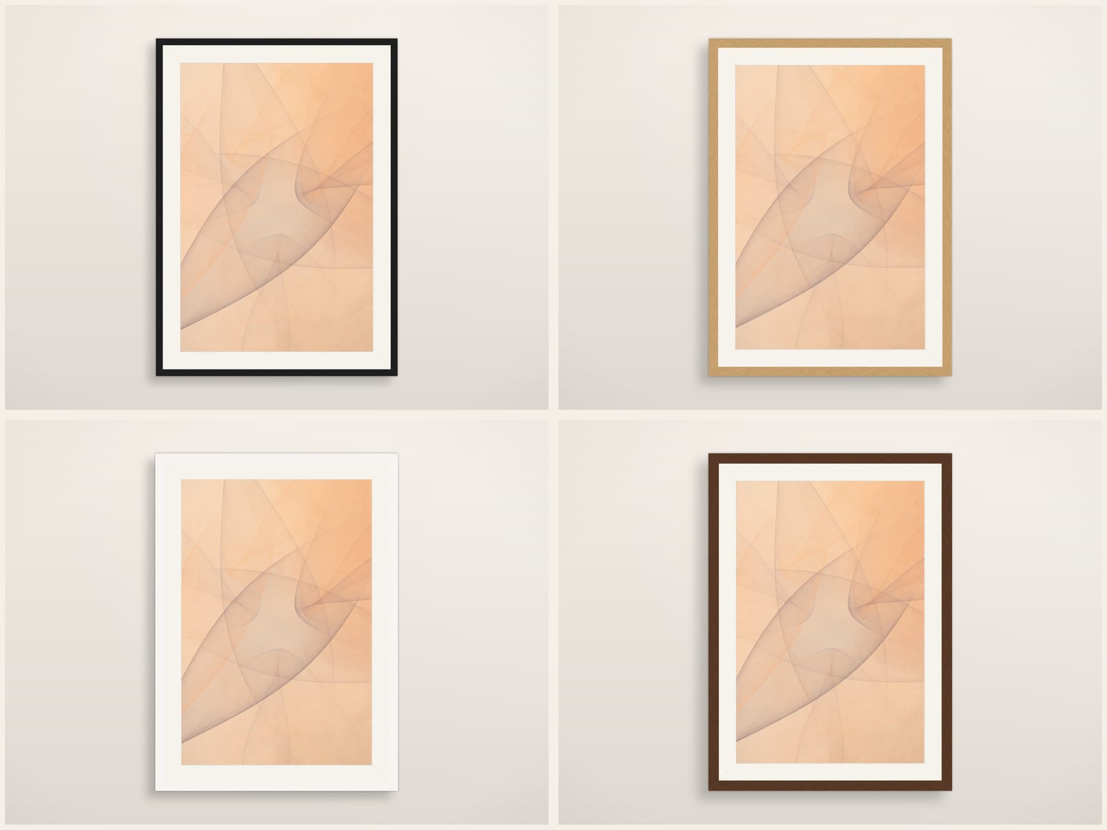 Sketches No. 025, peach-toned abstract fractal flame wall art print, shown in four frame styles