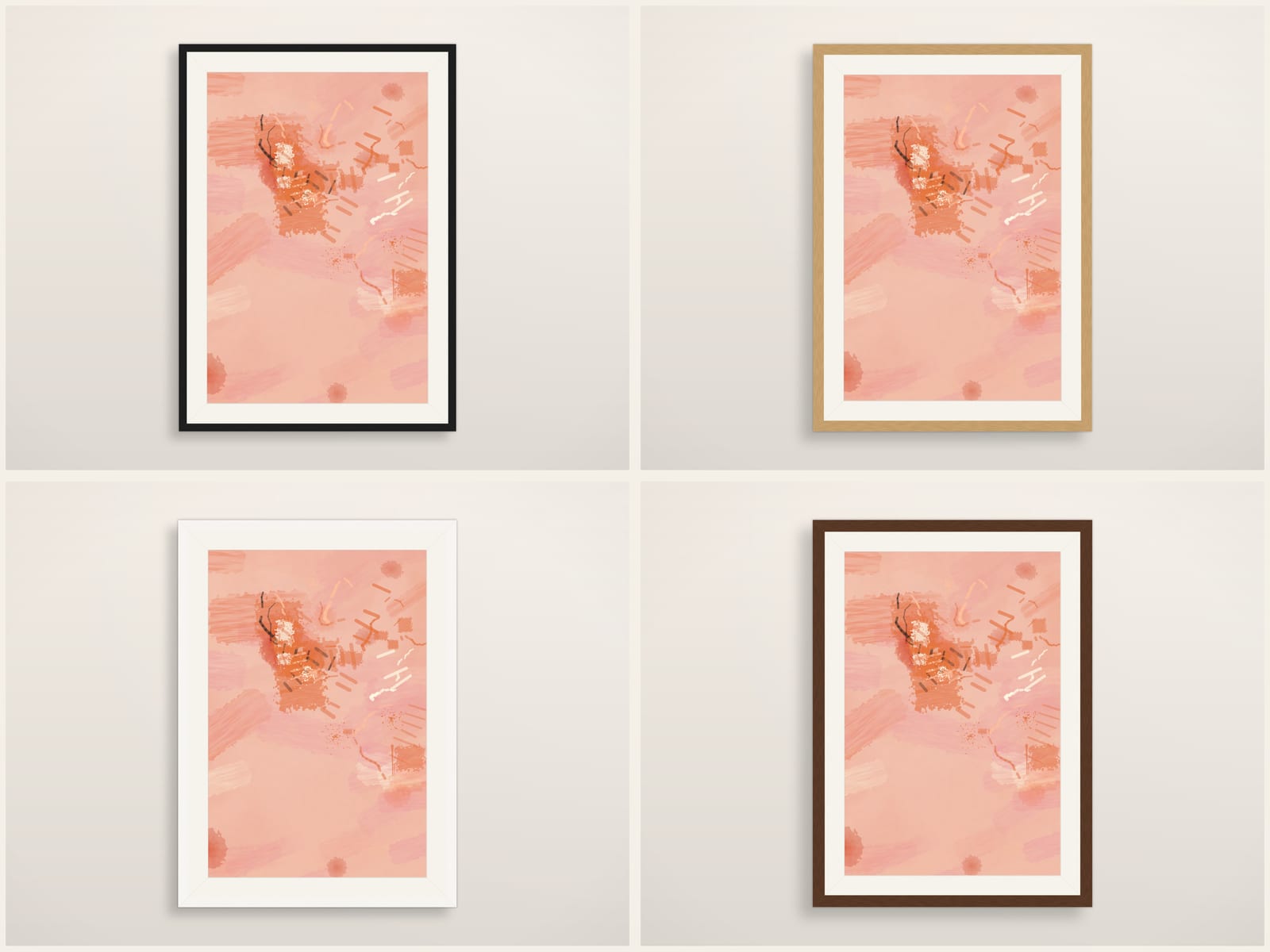 Sketches No. 039, terracotta and peach abstract painting wall art print, shown in four frame styles