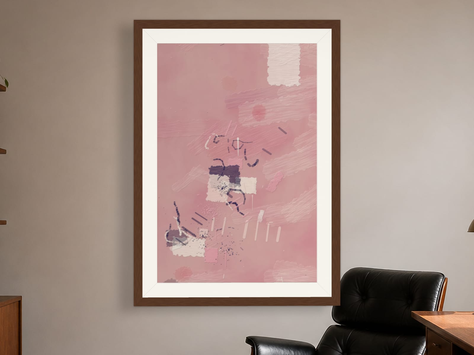 Sketches No. 047, a dusty blush pink abstract painting wall art print with a deep plum accent, framed in an oak frame on a wall in a styled room.